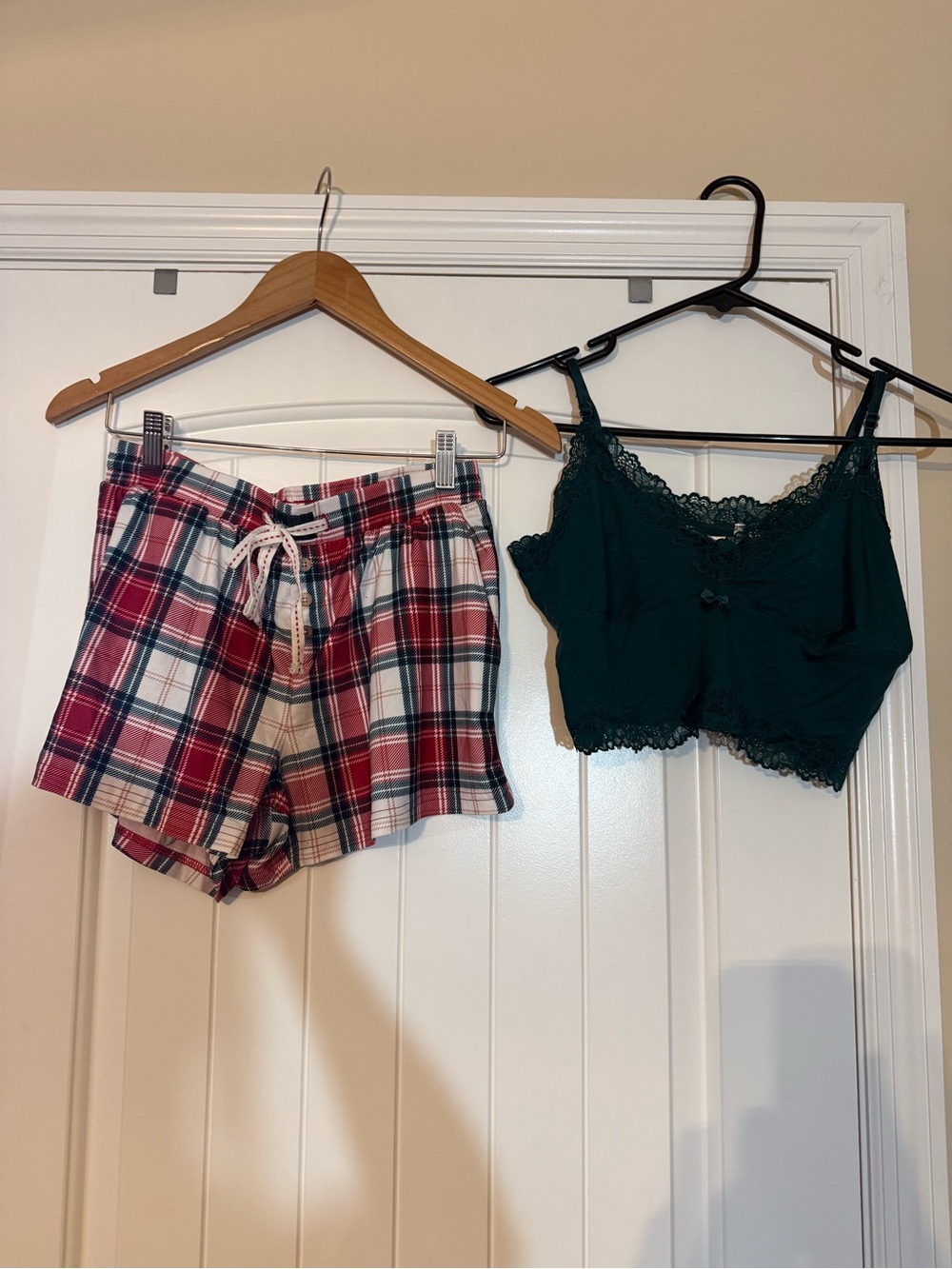 La Vie En Rose Dark Green Lace Cami with Red Plaid Lounge Shorts